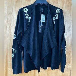 Black Embroidered Floral Open Cardigan Sweater